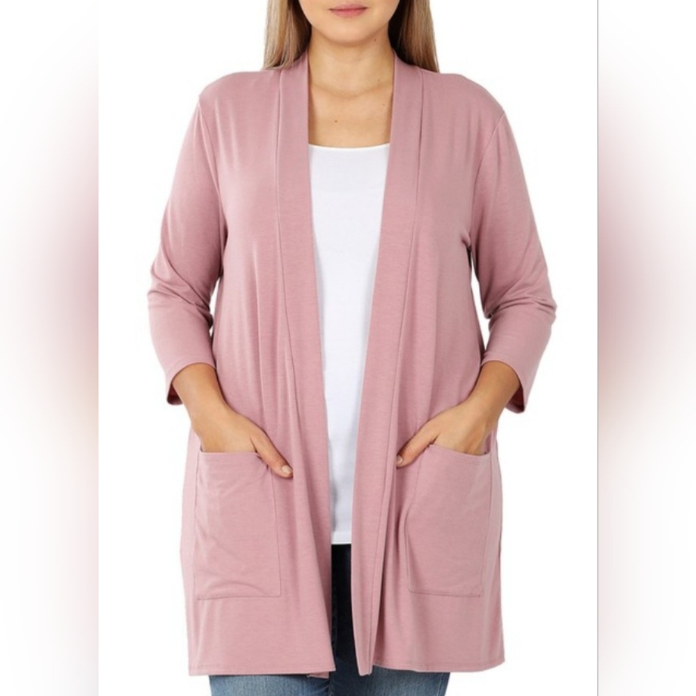 ZENANA PLUS OPEN CARDIGAN W/ SLOUCHY POCKETS - LIGHT ROSE